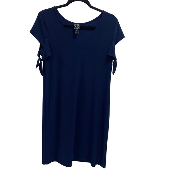 Clara Sun Woo Navy Blue Tie Short Sleeve V Neck Dress Size Small - Picture 1 of 4
